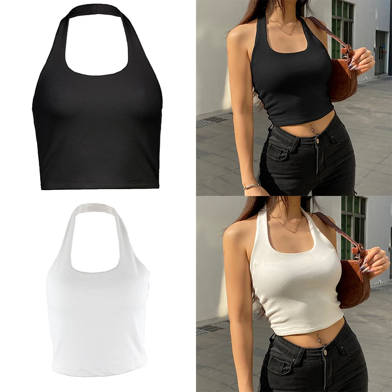 

White camisole sexy backless vest suitable for women's street wear 2024 sleeveless ribbed knit vest backless commuting