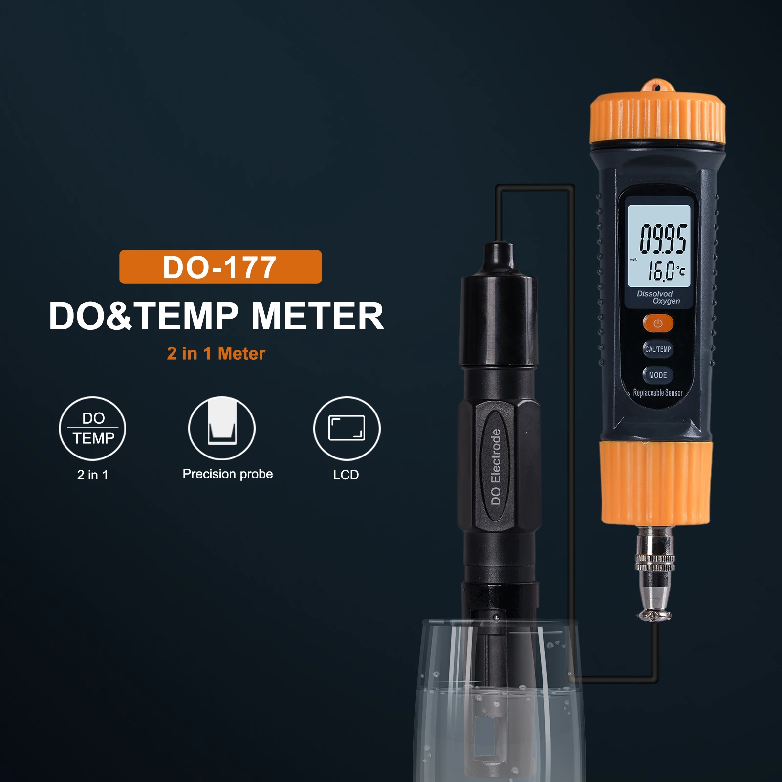 

Dissolved Oxygen Meter DO-177 DO Sensor Water Quality Tester with Replaceable Probe & Temperature Measurement for Aquaculture