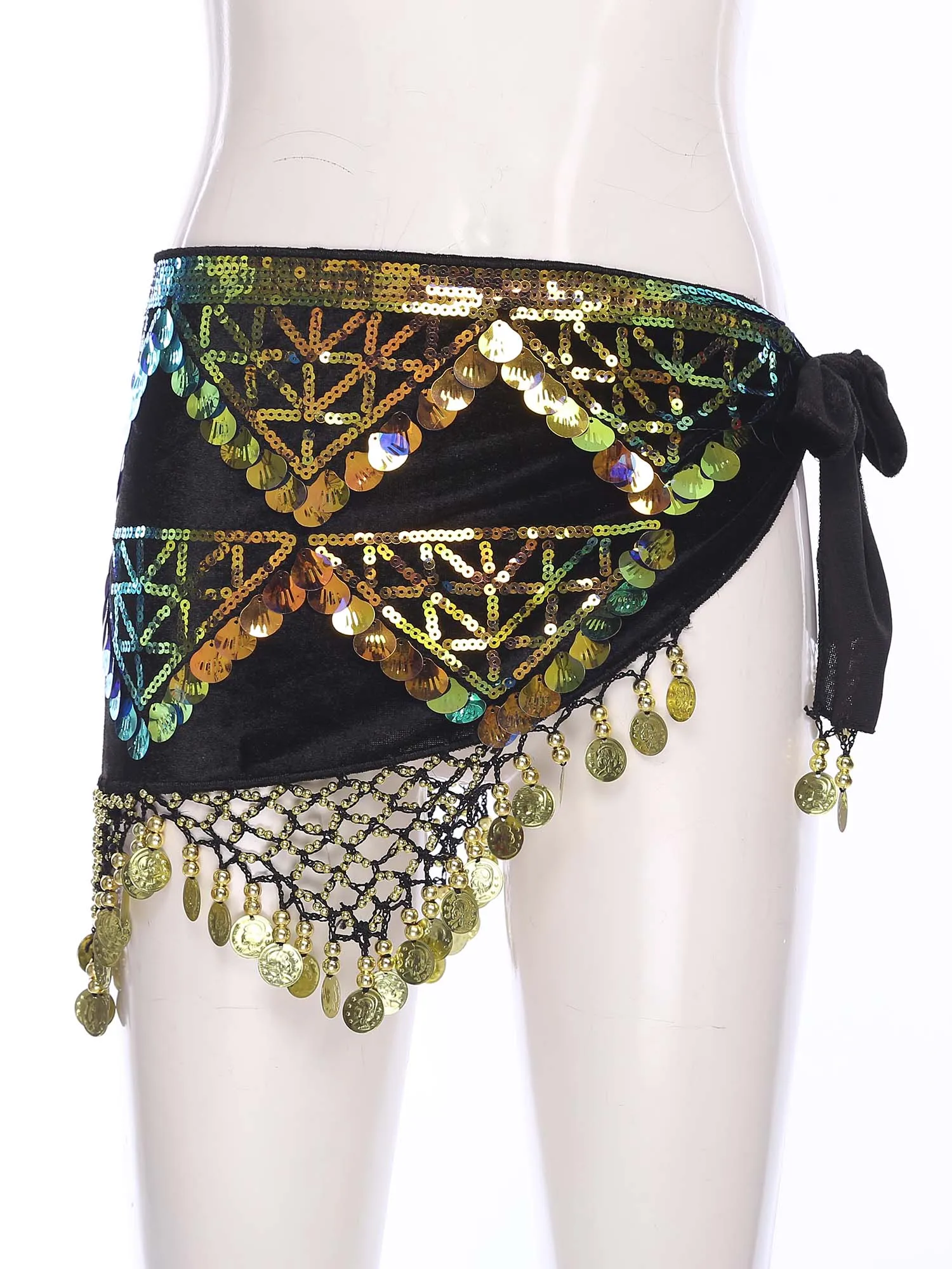 Womens Belly Dance Skirt Shiny Sequin Tassel Hip Scarf with Fringe Wrap Belly Dancewear for Modern Folk Dance Party Activities