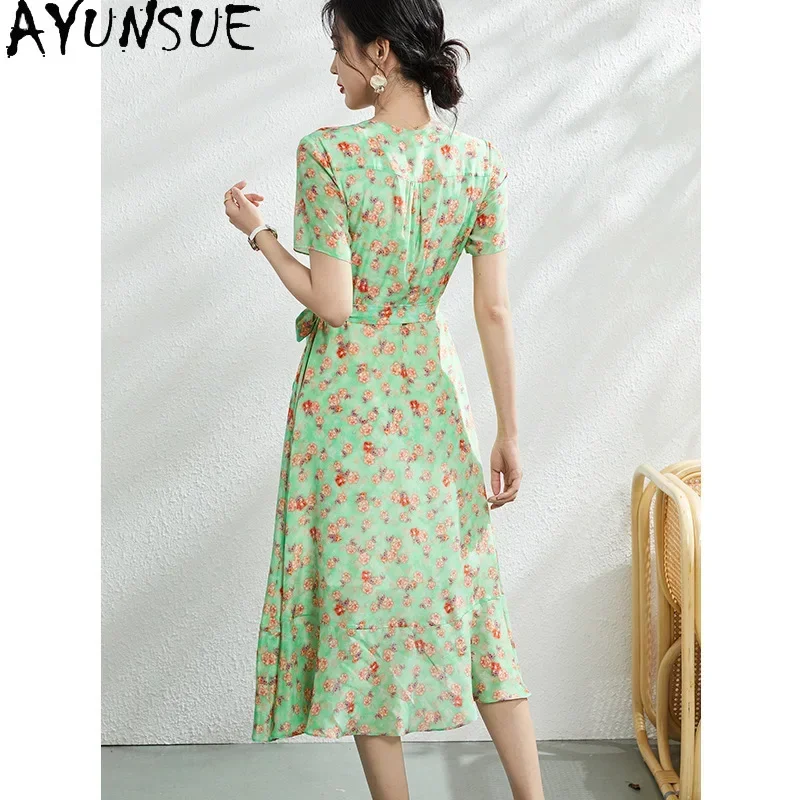 Ayunsue 100% vestido de seda amoreira real vestidos longos de luxo 2024 mulheres verão elegante moda roupas femininas magro vestido verde