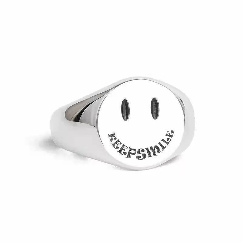 

Smile Face Open Blank Signet Ring, Plain Unisex Adjustable Pinky Ring for Men