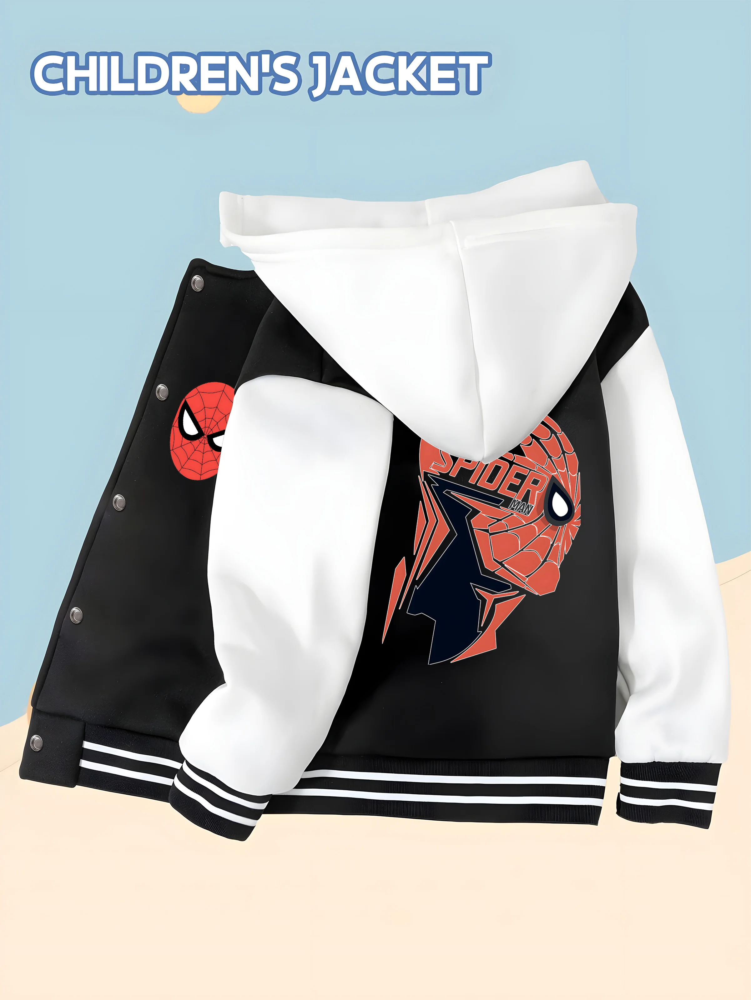 

MINISO Marvel Spider-Man boy baseball uniform hero image, hooded baseball version, fashionable and childish, children's wear