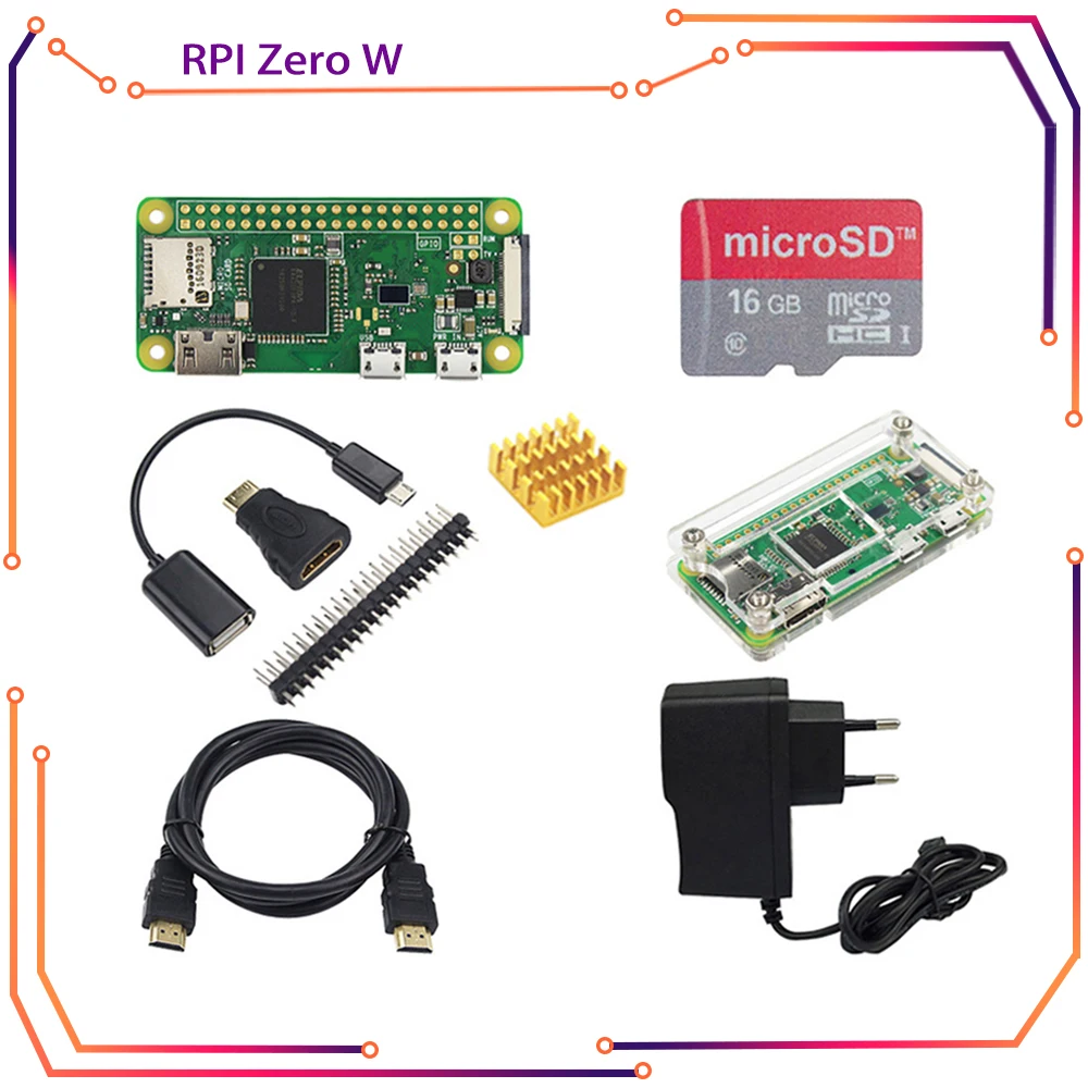 Raspberry Pi Zero W Starter Kit + Acrylic Case + GPIO Header + Heat Sink 1GHz CPU 512Mb RAM RPI W RPI188