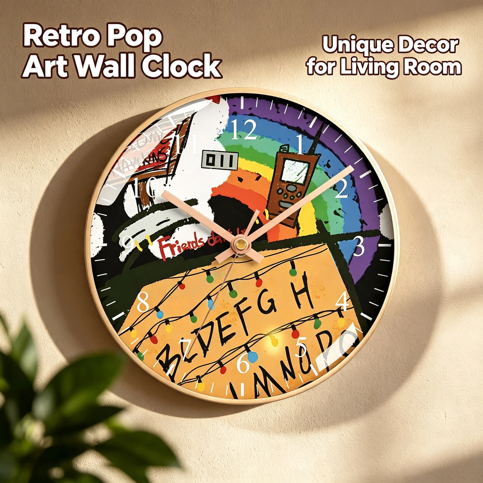 Strangered Things Graffiti Wall Clock Alphabet String Lights Rainbow Print Silent Watch, TV Show Fan Art Home Bedroom Decor Gift
