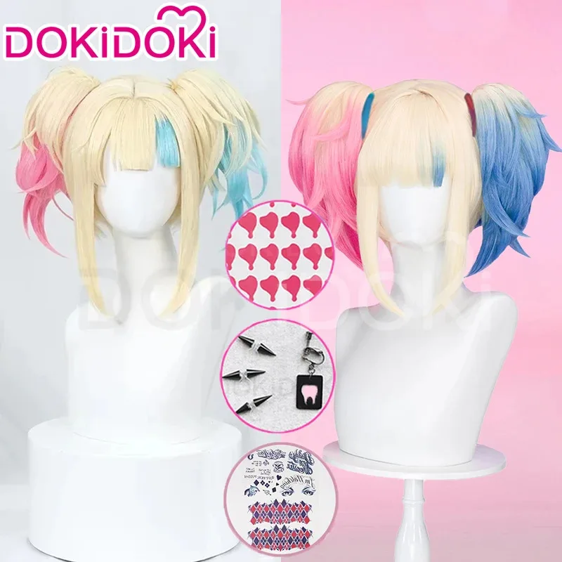En STOCK payaso Cosplay peluca Anime DokiDoki Super villano Doujin Halloween teñido rosa gradiente pelo tatuaje Clips para las orejas gorra gratis