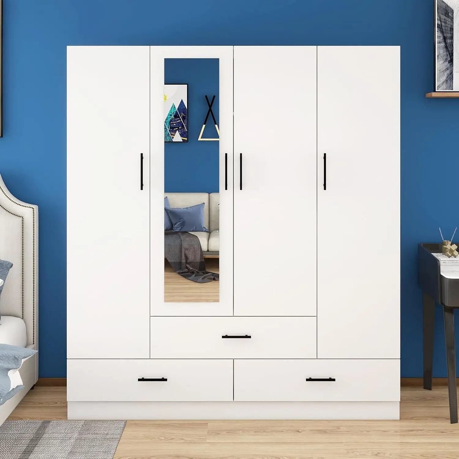 Wooden Wardrobe Closet Armoire White Closet Organizers and High Storage Capacity 4-Door 3 Drawers Shelves Mirror Hanging Rod