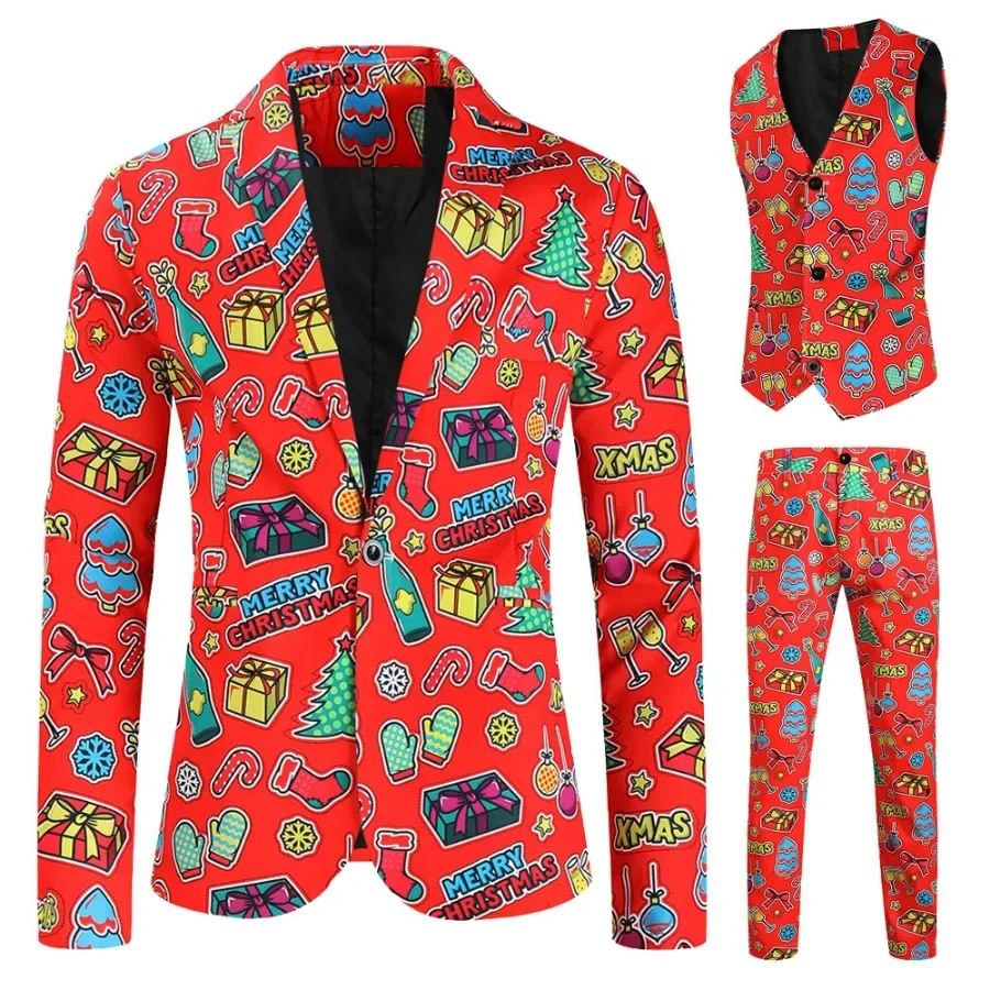 2024 Printed Three-piece Men\'s Christmas Suit (Jacket+Vest+Pants) Stylish Men Blazers Set Party Stage Costume New Men\'s Clothing