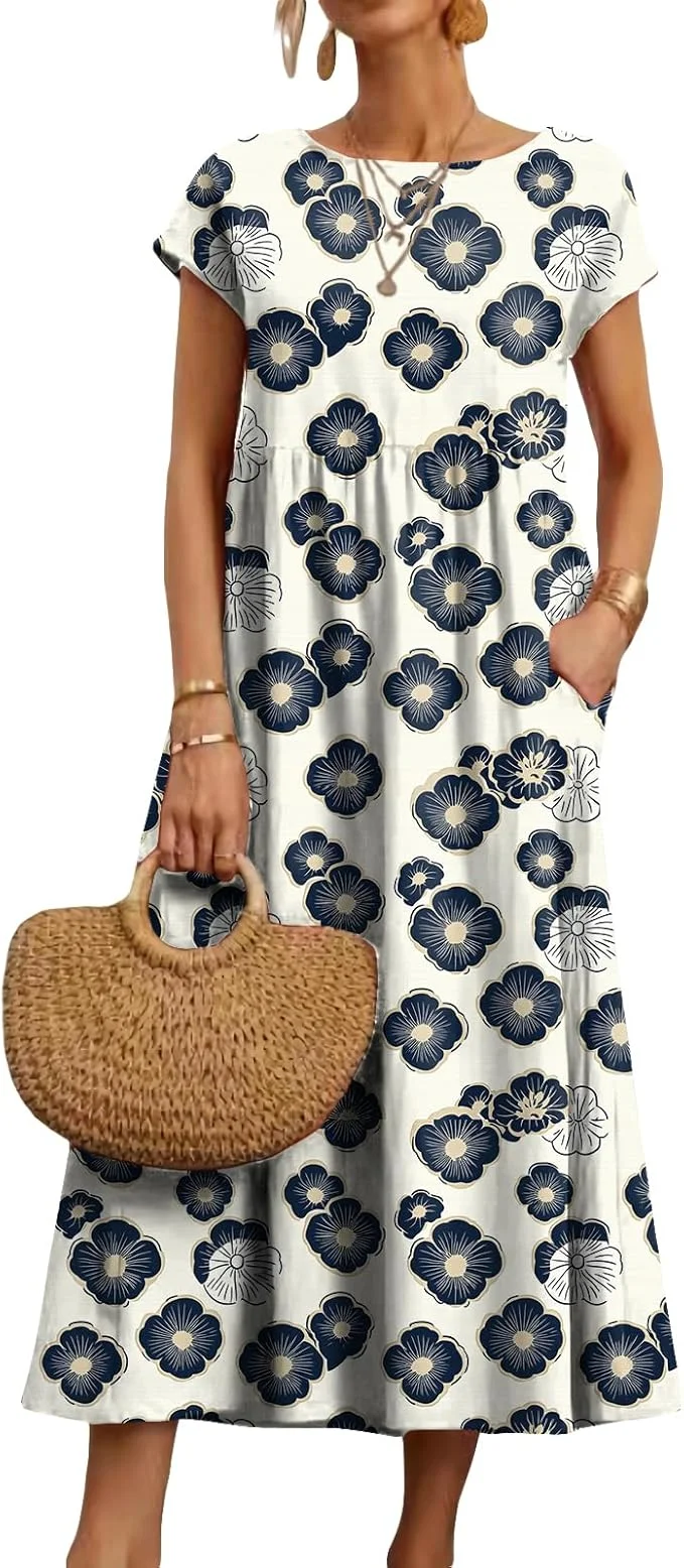 Robe mi-longue à fleurs style Boho pour femmes, vacances d'été, décontractée, fluide, plissée, manches courtes, t-shirt longue avec poches