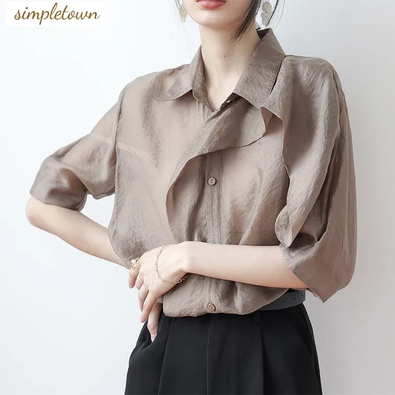 

Xia 2024 New Short Sleeved Shirt Chiffon Half Sleeved Shirt Women's Fashion Design Temperament Top Thin Style