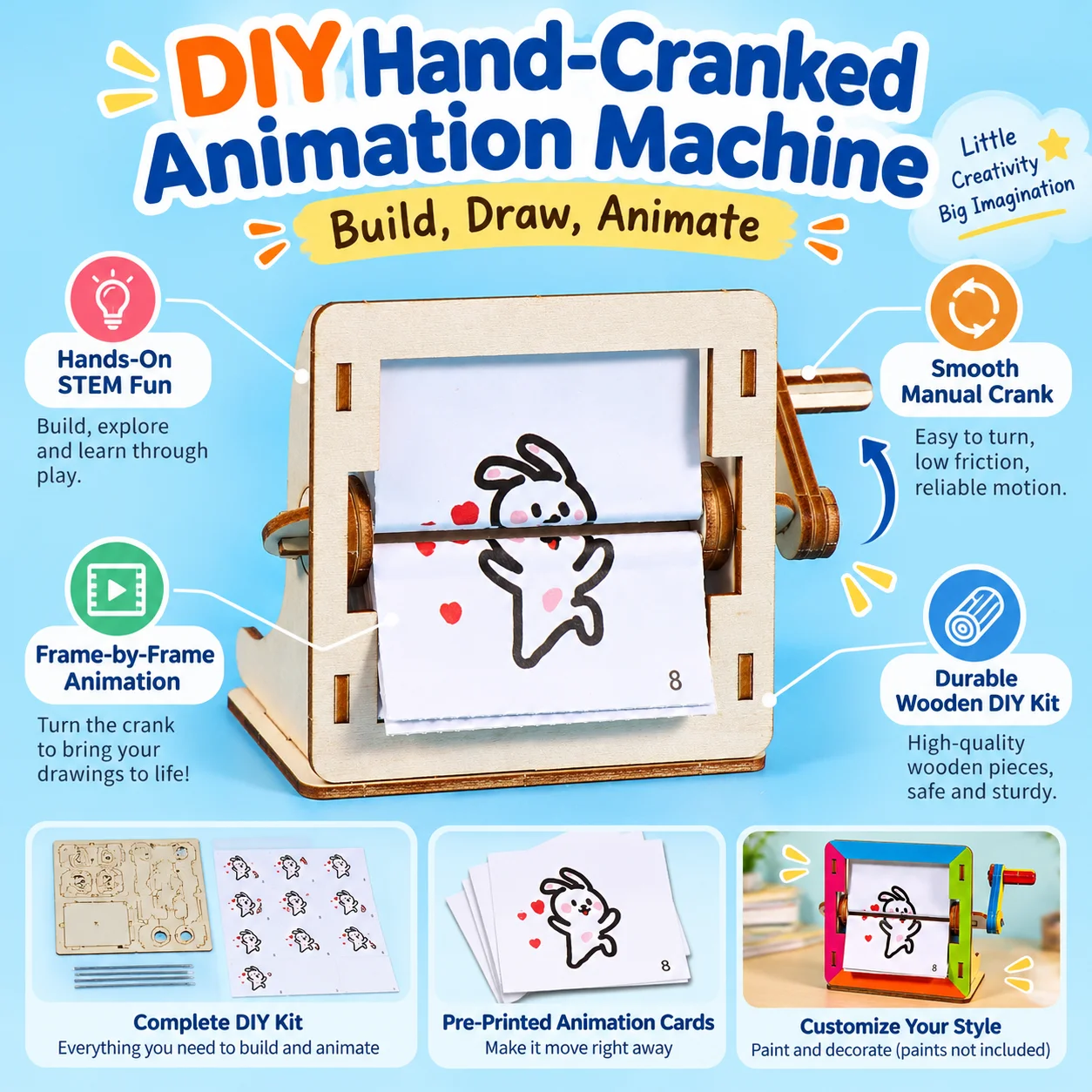 DIY Hand Crank Animation Machine Wooden STEM Toy Frame by Frame Animator Educational Model Kit for Kids Creative Learning