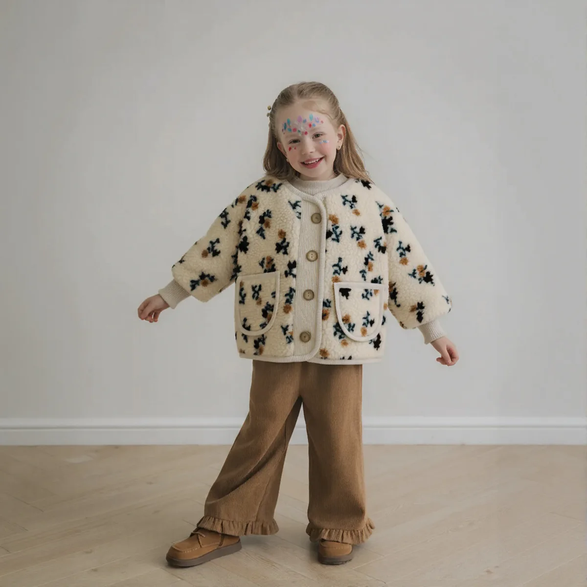 WOOFOO 2026 Winter Baby Small Flower Printed Thick Buttons Jacket Top Plush Warm Children Clothes Overcoats Girls