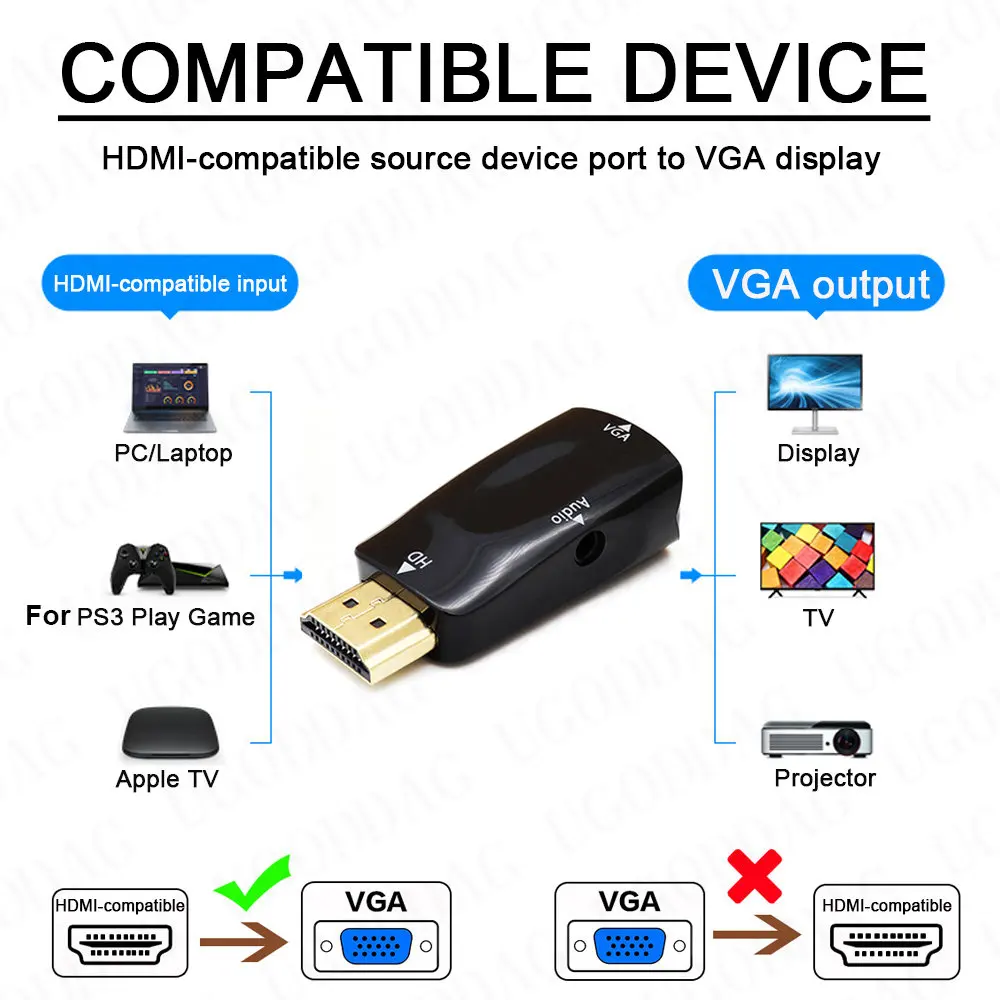 HDMI-kompatybilny z VGA kabel Adapter z obsługą Audio 1080P HDMI męski do VGA żeński konwerter dla PC TV, pudełko laptopa