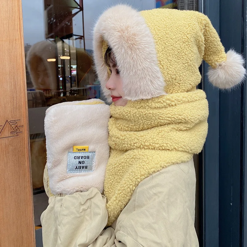 2021 Korean winter new Bib three piece integrated warm ear cap fashion Christmas scarf thick ear cap warm women\'s scarf beanie