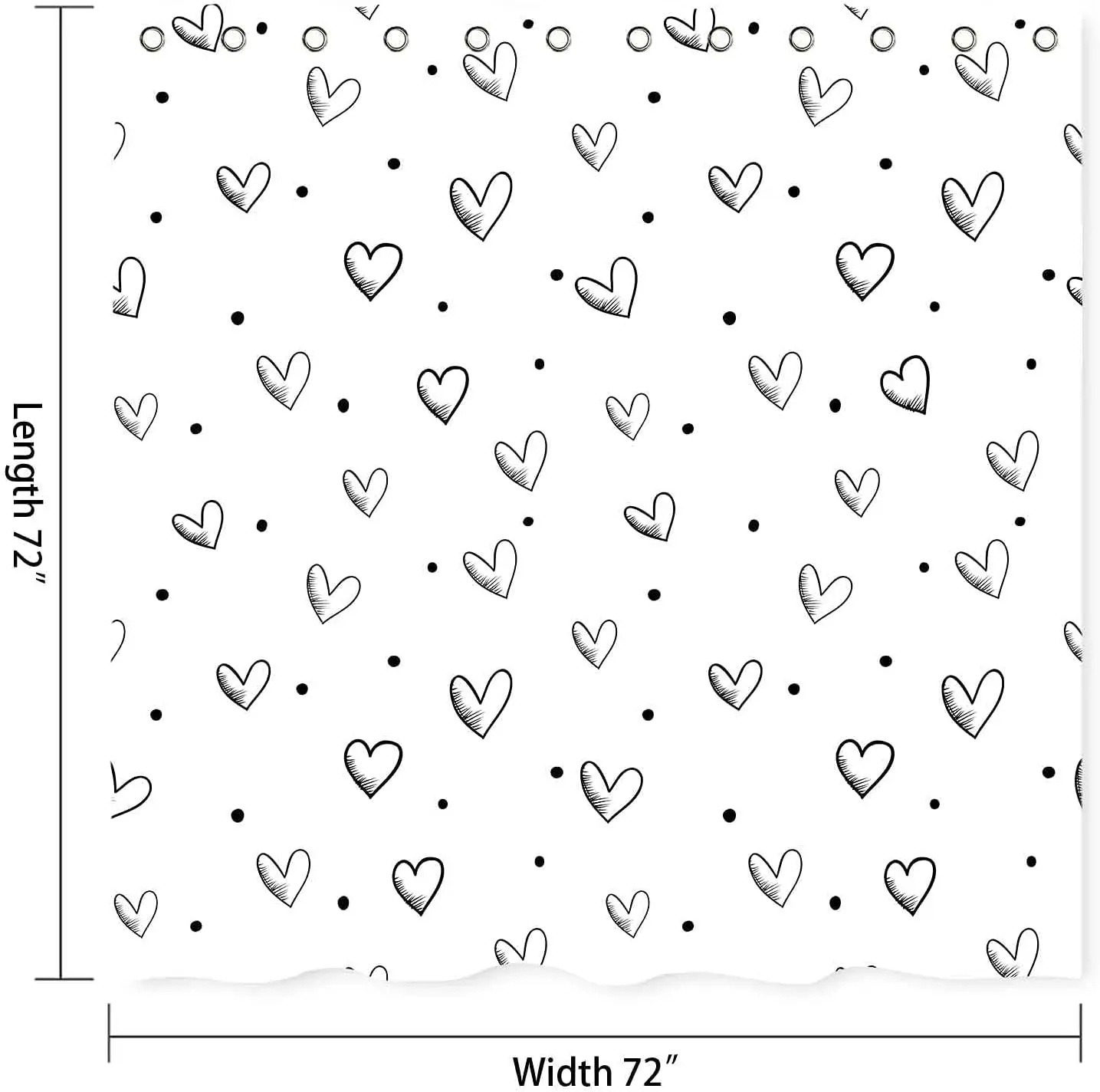 Hand Drawn Hearts and Polka Dots Shower Curtain Black and White Sketch Style Cute Pattern for Bathroom Decor