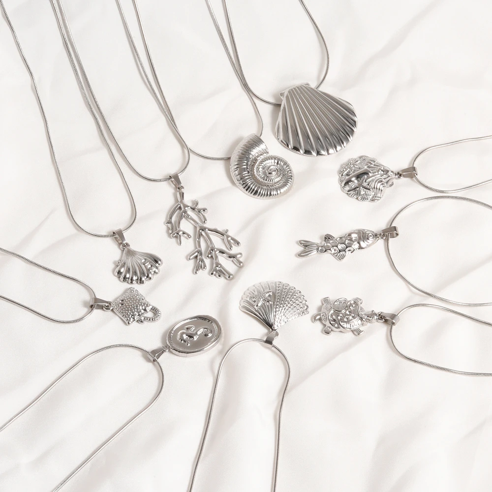 304 Stainless Steel Silver Color Necklace For Woman Cute Charm Ocean Series Coral Fish Turtle Crab Lobster Pendant Necklaces