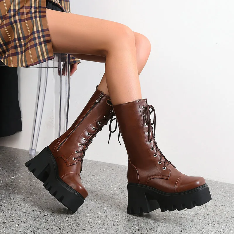 Onlymaker Platform Thick Heel Mid-Calf Boots PU Lace Up Chunky Punk High Heels Black Booties