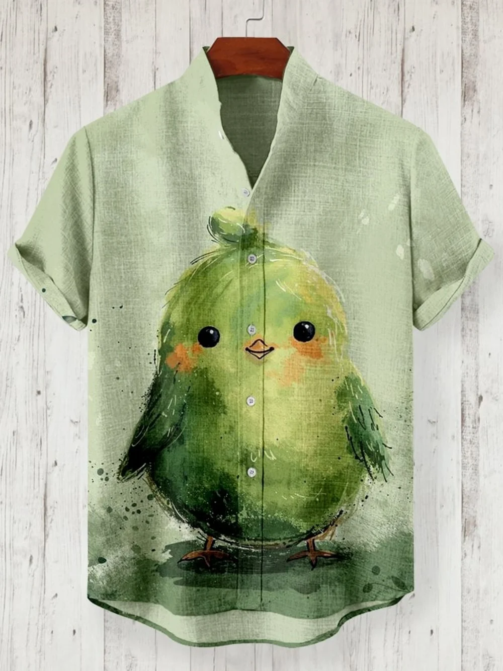 

Summer men's short sleeved linen shirt, bird print button up shirt, street fashion designer designed stand up collar shirt