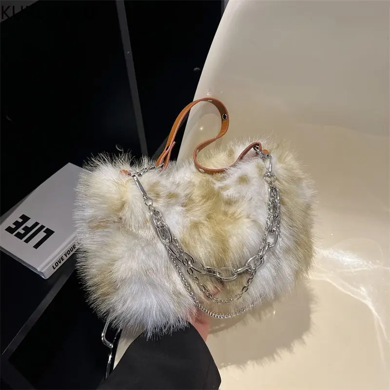 Luxury Y2k Women Shoulder Underarm Bags Fashion Chains Faux Fur Ladies Furry Crossbody Bag Soft Plush Female Handbags Tote Purse