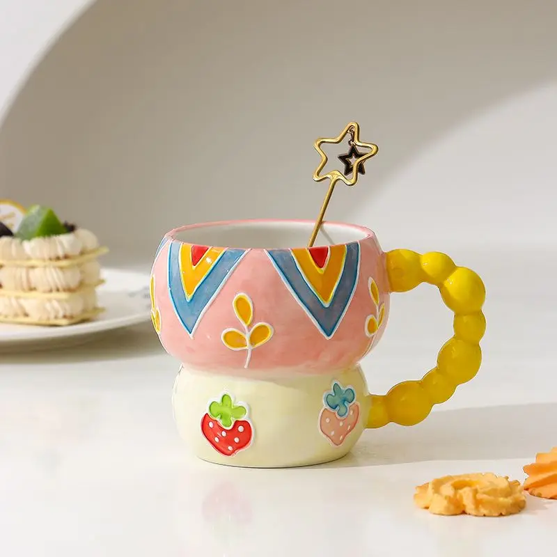 Hand-painted Relief Gourd Ceramic Cup Aesthetic Value, Breakfast Large Capacity, Cute Oatmeal Mug, Home Drinking Wate Drinkware