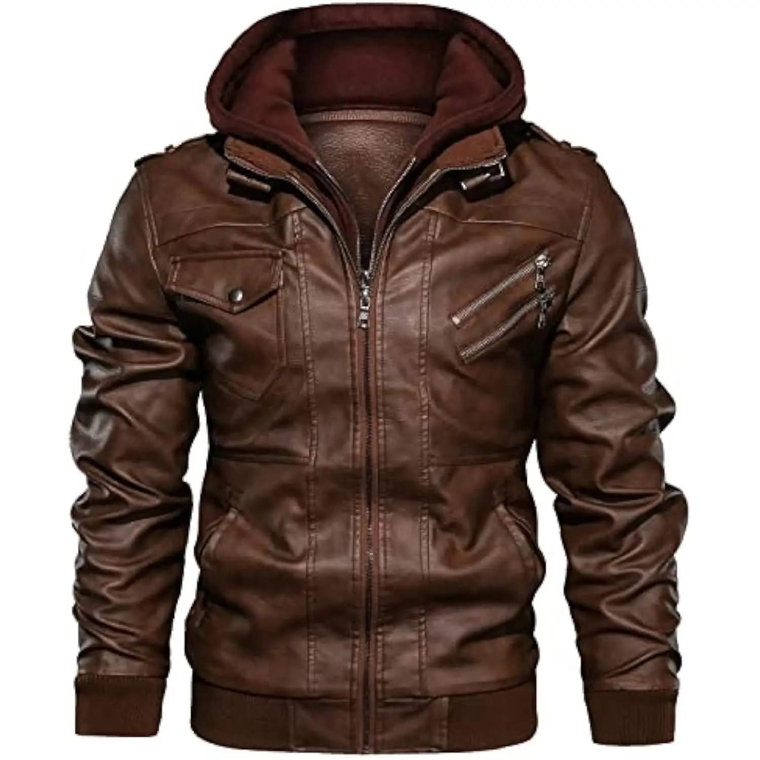 Skórzane kurtki motocyklowe Bomber Męska sztuczna kurtka Odpinany kaptur Casual Outdoor Style Męska odzież skórzana