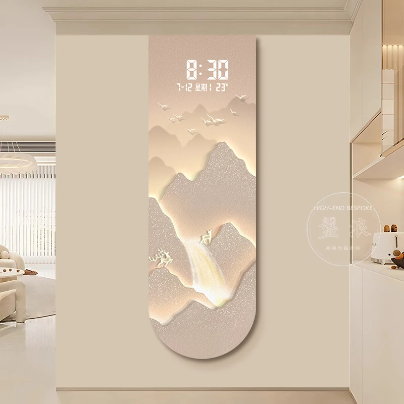 Sunlit Golden Mountain Entrance Decor Painting New Chinese Style Creative Touch-Sensitive Digital Clock High-End Living Room LED