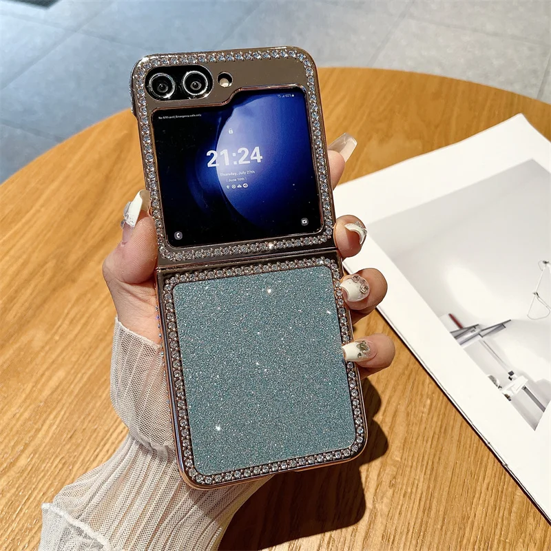 

Гальванический чехол для телефона Samsung Galaxy Z Flip 5 6 Flip5 Flip6 5G с бриллиантами, сверкающий порошок, защитный противоударный чехол