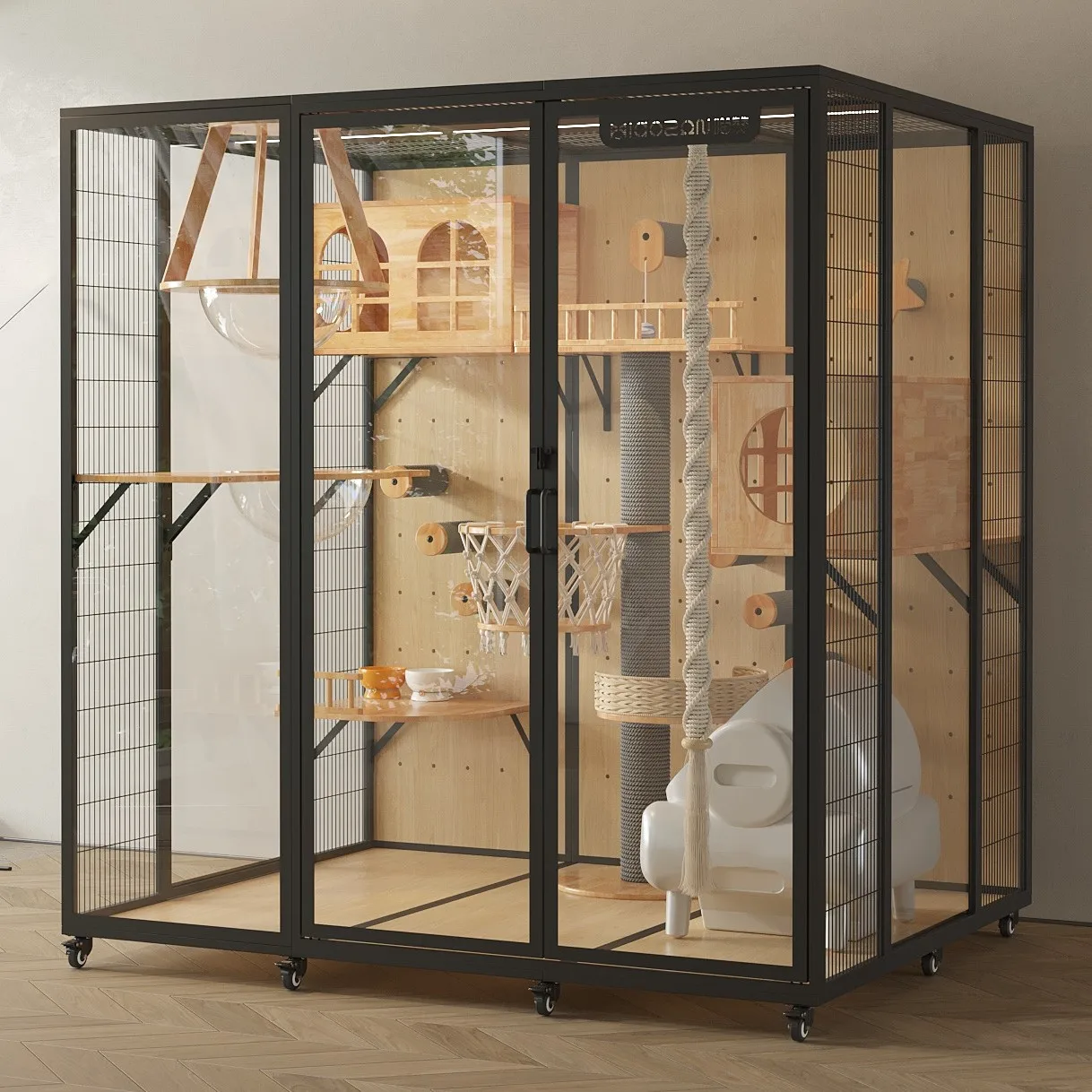 Jujue Style Cat Cage, Cat Villa Panorama Glass Solid Wood DIY Bed Pet House Panoramic Glass Cage