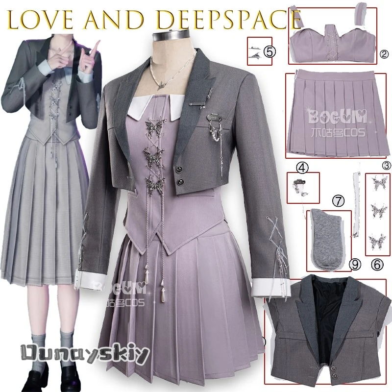 

{NinoNiko Cos}BLove And Deepspace Косплей Костюм Whispers Of The Heart Main Control Повседневное платье Аниме Хэллоуин Серый плиссированный