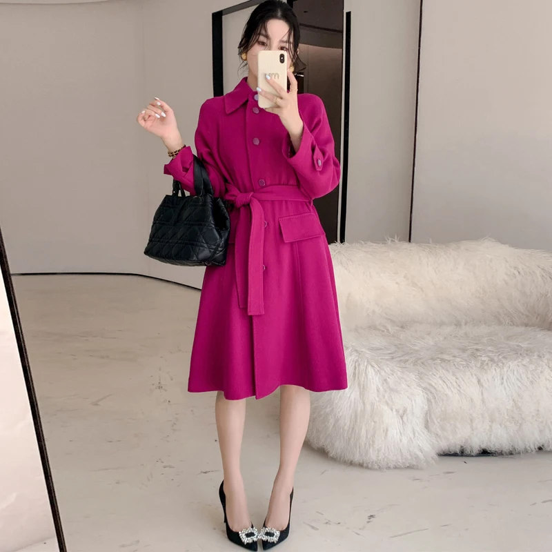 

Retro Wealth Flower Red Woolen Coat Dr Women's Faion Set Vintage Sle Mid-Length Slim-Fit Spring-Autumn Seasonal Wear