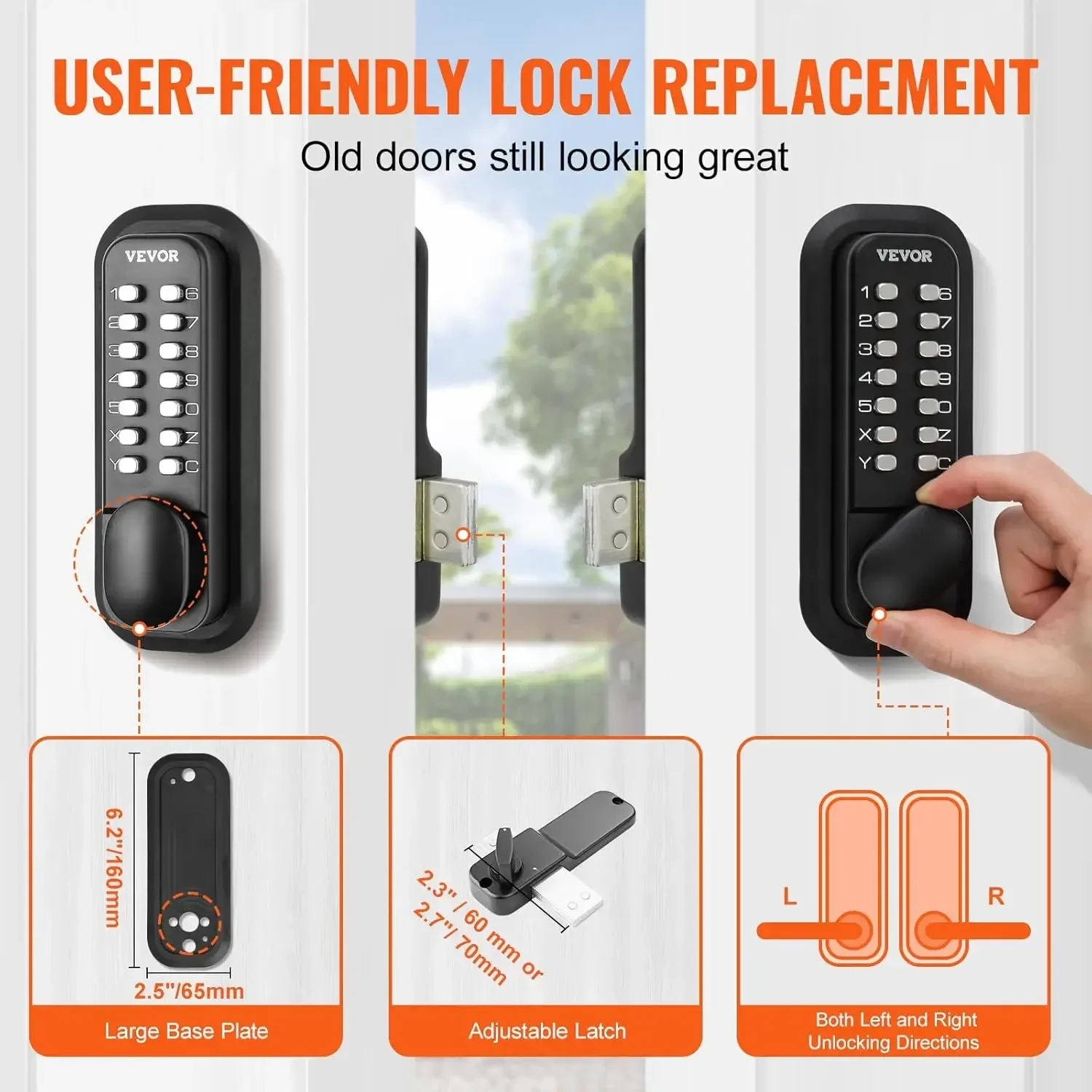 Mechanical Keyless Entry Door Lock, 14 Digit Keypad, Outdoor Gate Door Locks Set with Surface-Mounted Latch, Keypad and Knob