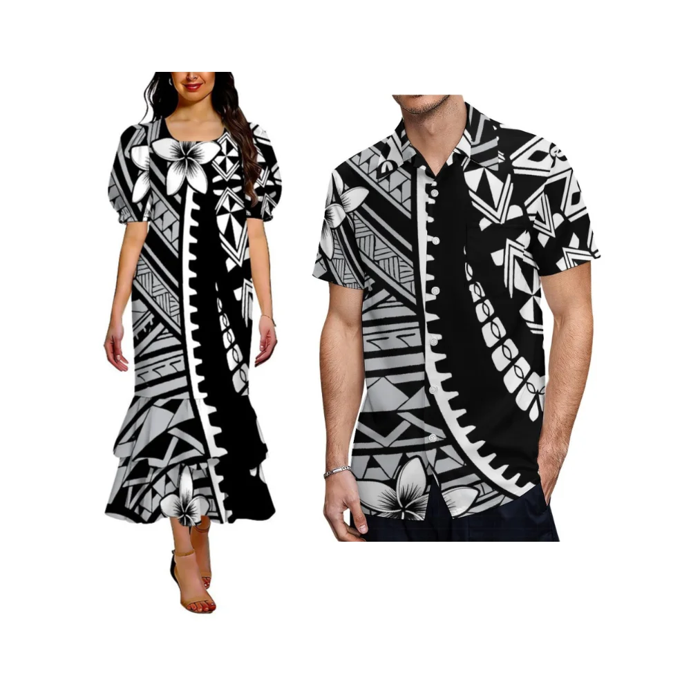 Polynesian Custom-Made Dress Pattern Summer Couple Dress For Women Mumu Puffed Sleeves Double Fishtail Skirt Long Dress