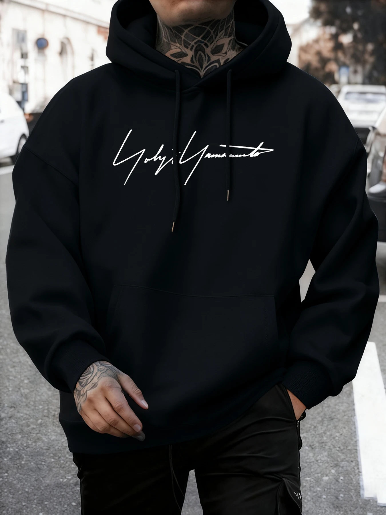Artistic Writing Pattern Hoodies Men Autumn Fleece Soft Long Sleeve O-Neck All-Match Pullovers Vintage Loose Clothes Unisex