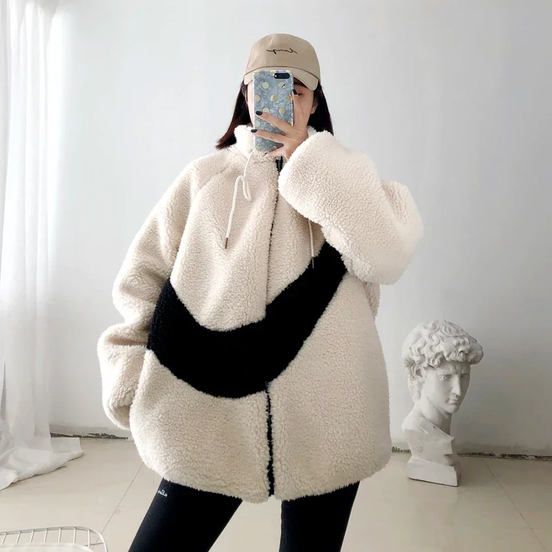 Winter Thick Warm Loose Woolen Coat 2023 Faux Fur Jackets Women's Boyfriend Style Striped Pattern Coats Female Casual Outerwear