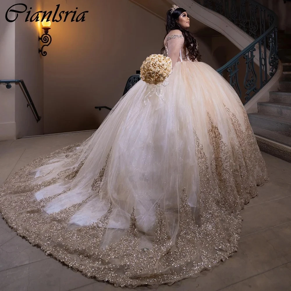 

Champagne Illusion Off The Shoulder Ball Gown Quinceanera Dresses With Cape Sequined Appliques Lace Corset Vestidos De 15 Años