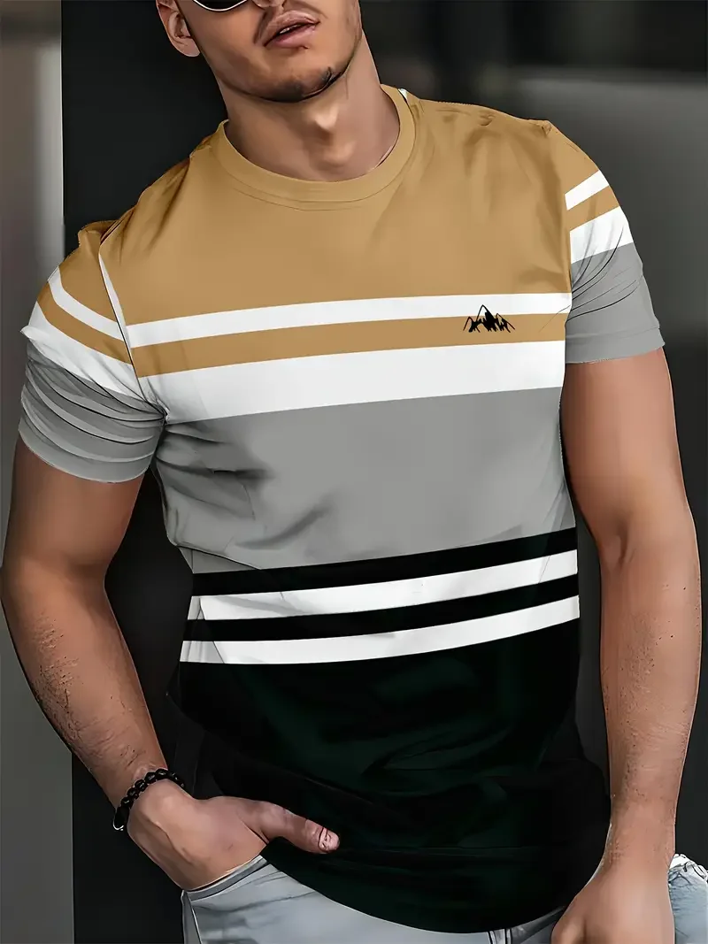 Classic Men's T-shirt Summer Outdoor Round Neck Short Sleeve Top Stripe Print Street Loose T-Shirt Male Oversized Clothing image 5