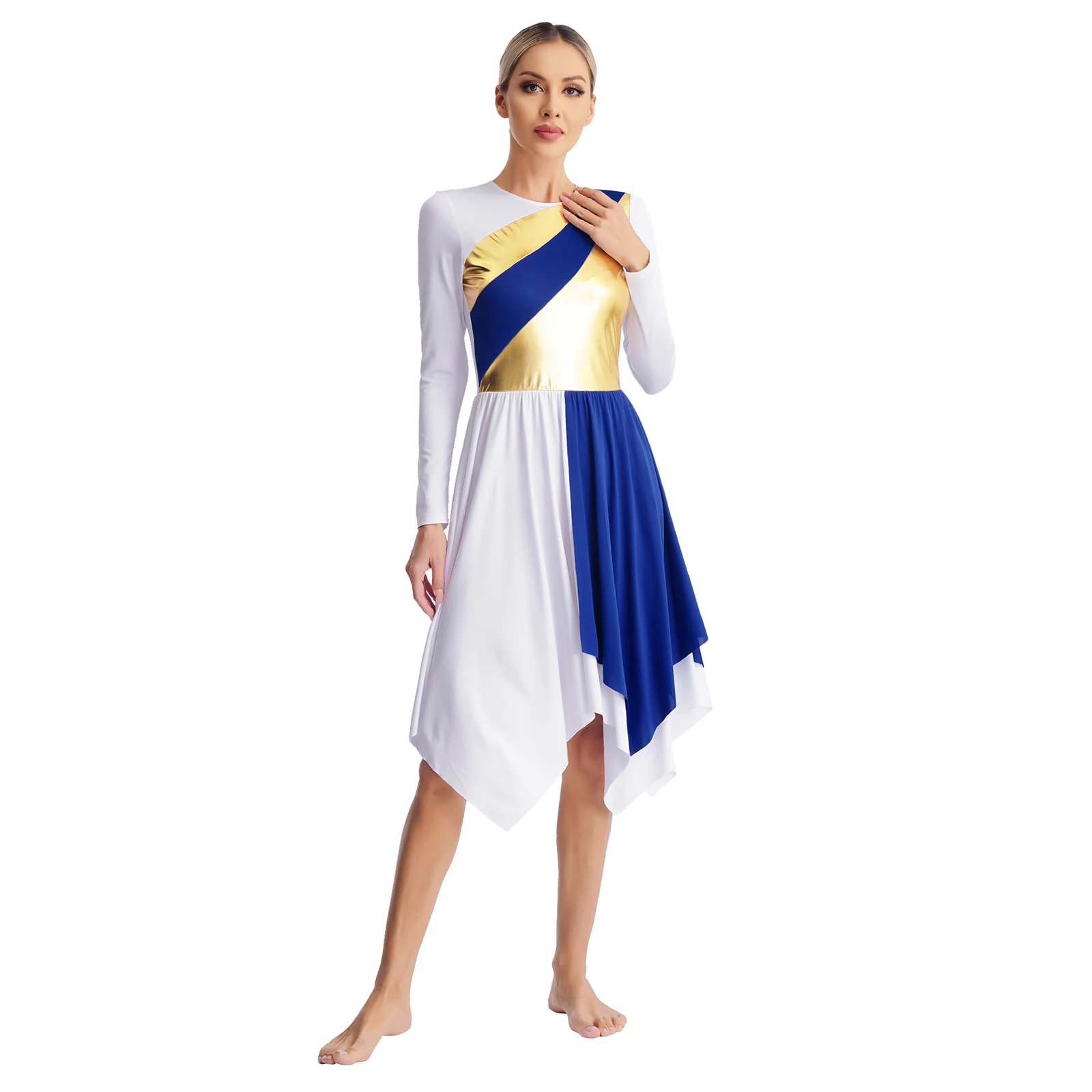 Women Color Block Lyrical Dress Long Sleeve Metallic Asymmetrical Dance Liturgical Praise Dress Worship Robe Performance Costume