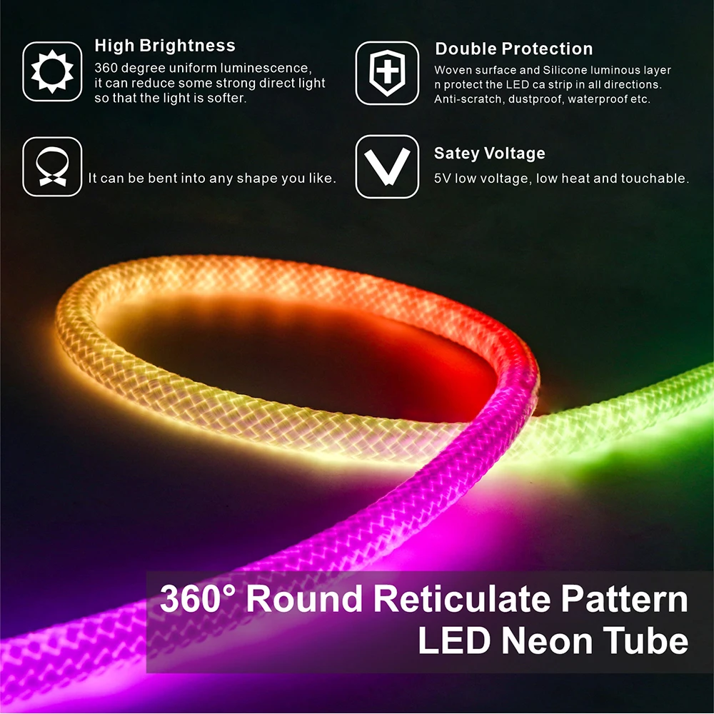 Neon LED Strip Flexible 360° Round Reticulate Decor Light Kit USB 5V WS2812B WS2811 RGB APP LED 5V 28Key Remote IP67 Waterproof