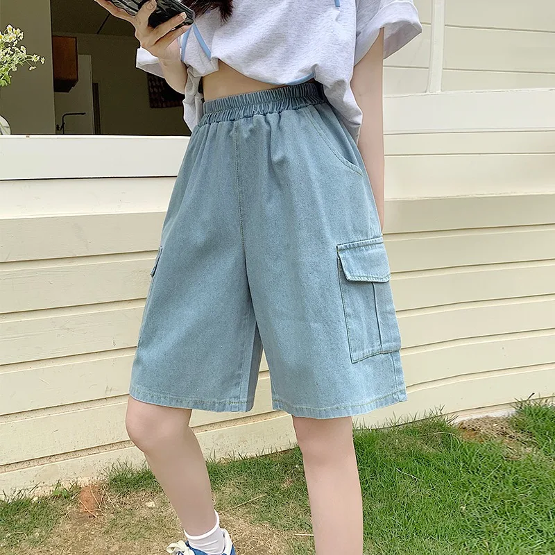 Retro Fashion Blue Denim High Waist Straight Loose New Pants Women's Summer Casual Holiday Versatile Five-point Pants Street