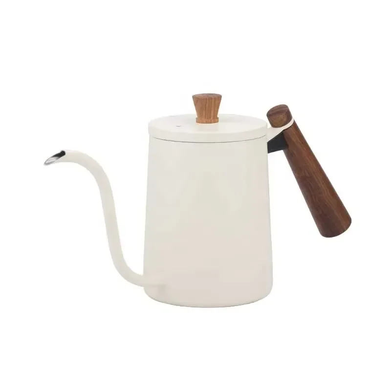 White Portable Stainless Steel Gooseneck Kettle with Wooden Handle for Pour Over Coffee Brewing Stovetop Teapot
