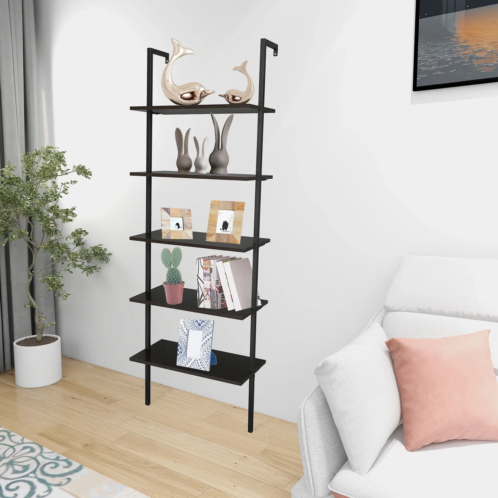

Ladder Bookcase with Metal Frame,5-Tier Modern ladder Shelf,Open shelves design for books,houseplants,media devices,Dark Walnut