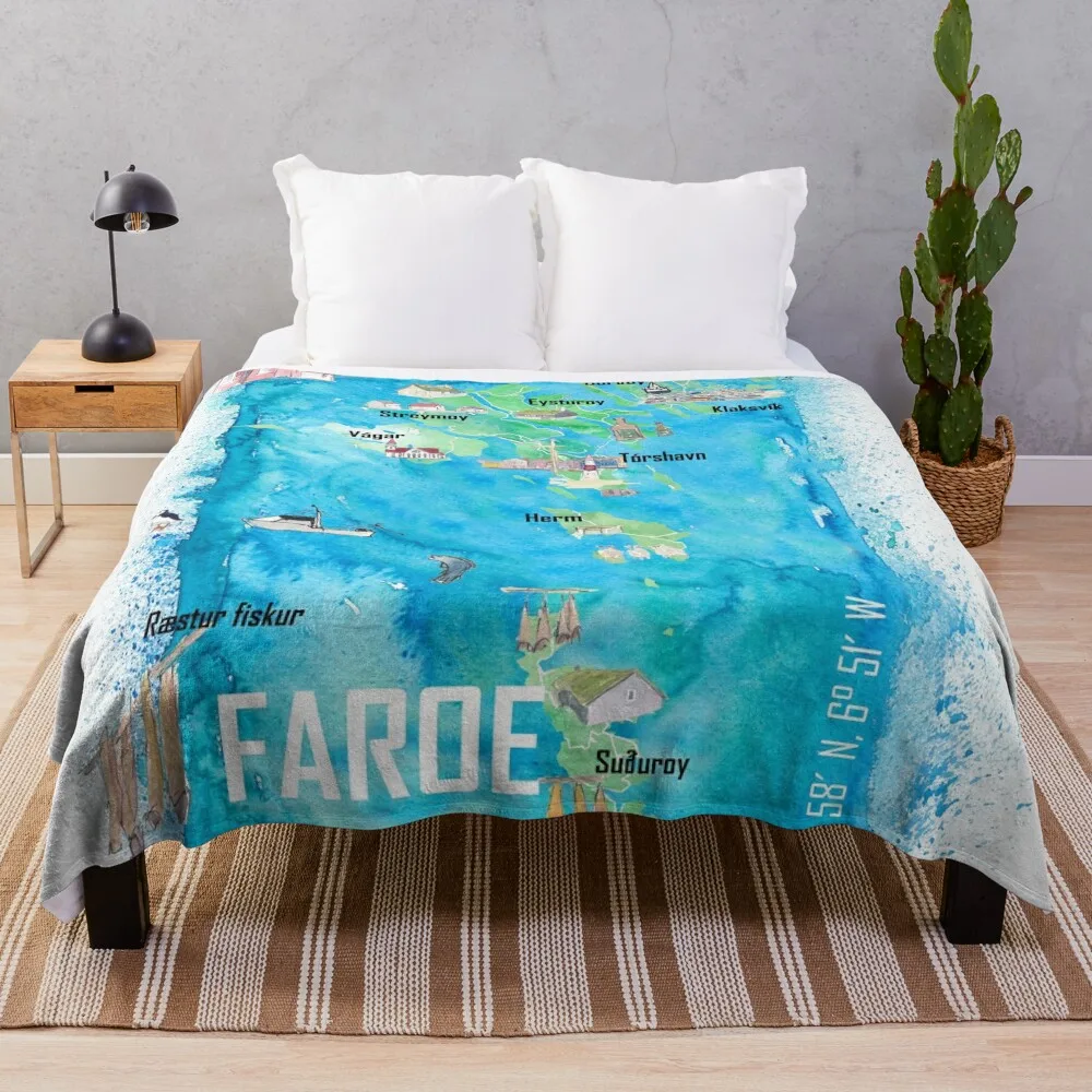 Faroe Islands Illustrated Travel Map with Touristic Highlights Throw Blanket Sofa Quilt christmas decoration Blankets