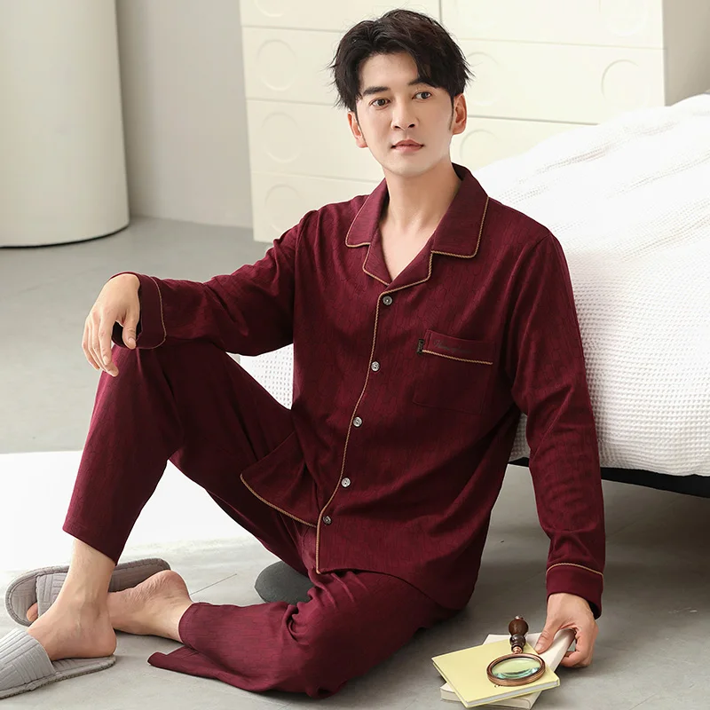 High Quality M-4XL Men Pajamas Set 100% Cotton Turn-down Collar Sleepwear Male Autumn Pyjamas