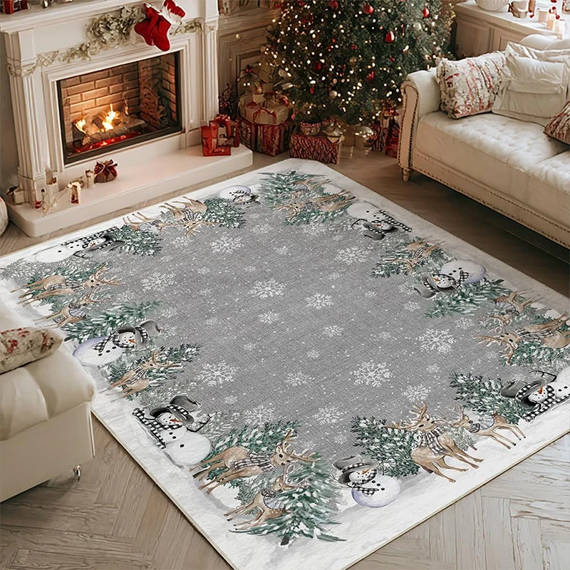 Carpet for Living Room Non-slip Machine Washable Soft Comfortable Floor Mat Large Size Red Snowman House Pine Tree Christmas Rug