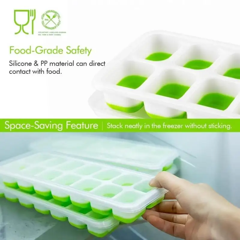 14-Grid Ice Cube Trays Silicone Ice Mold With Removable Lid DIY Homemade Popsicle Mould For Cocktail Freezer Kitchen Bar Tools
