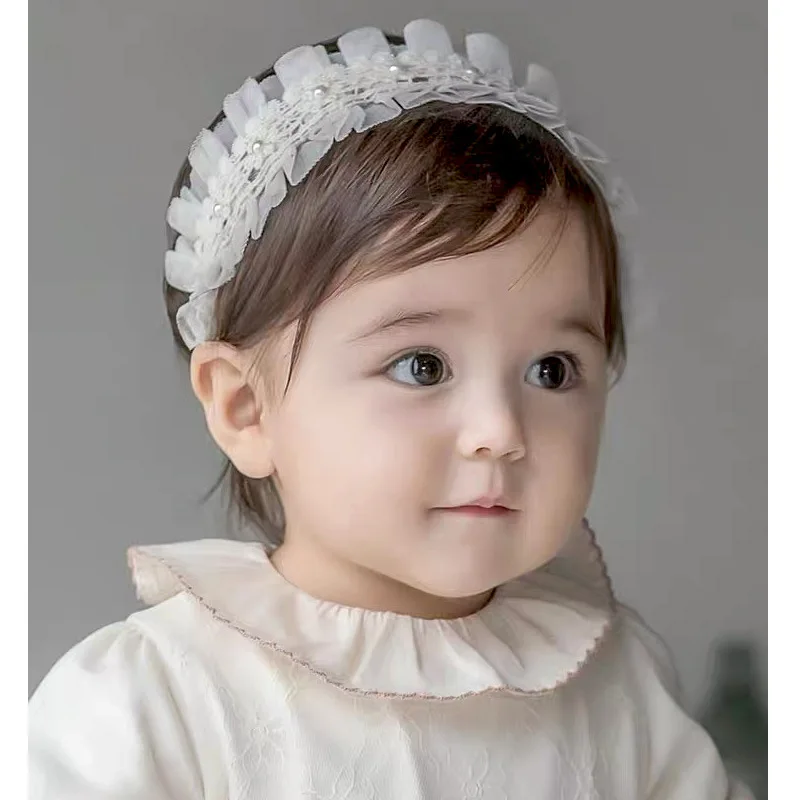 New Baby Lace Headbands Fairy Lace Flower Ribbon Pearl Baby Girl Head Band Skin-friendly Princess High Elastic Kids Headwear