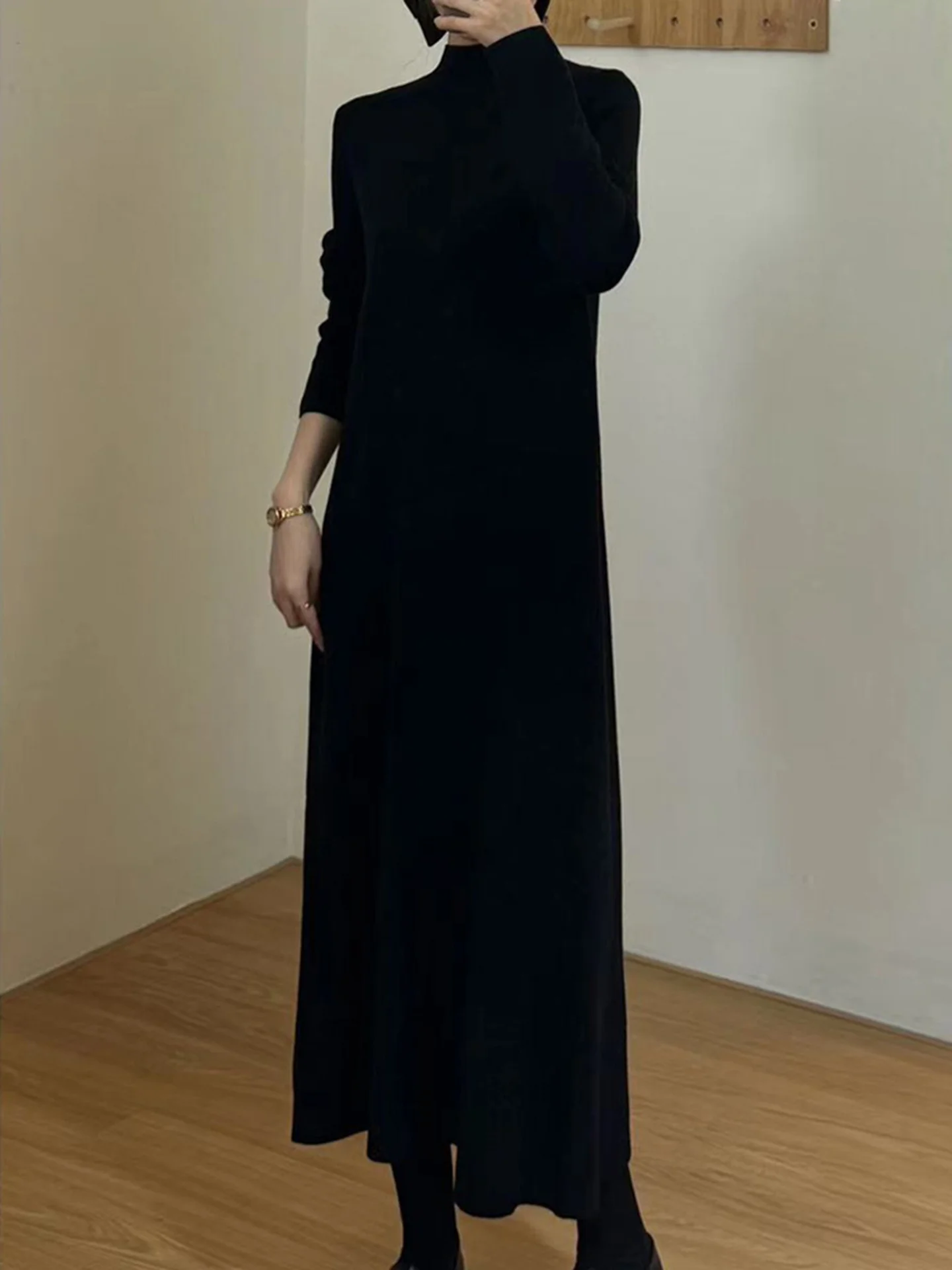 

plus Size Autumn Winter Black High Neck Knitted Dress A-Line Long Skirt for plus Size Women Elegant Base Layer Sweater Dress