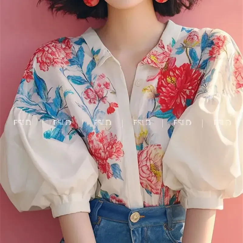 Chemisier à manches bouffantes à imprimé floral pour femmes, chemises d'été élégantes, bouton, mode, grande taille, média, nouveau