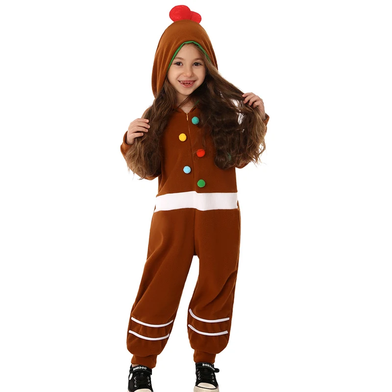 สาวแขนยาว Christmas Gingerbread Man Jumpsuit คอสเพลย์เครื่องแต่งกาย Holiday Party การ์ตูน Hooded บอดี้สูทเด็กชุดนอนฤดูหนาว