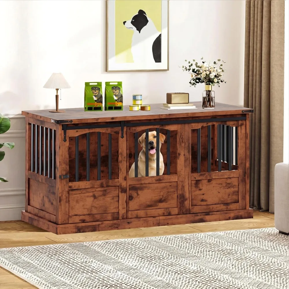 

53 Inch Solid Wood Dog Crate Kennel with Sliding Door for Large Breed Indoor Furniture Cage End Table Brown