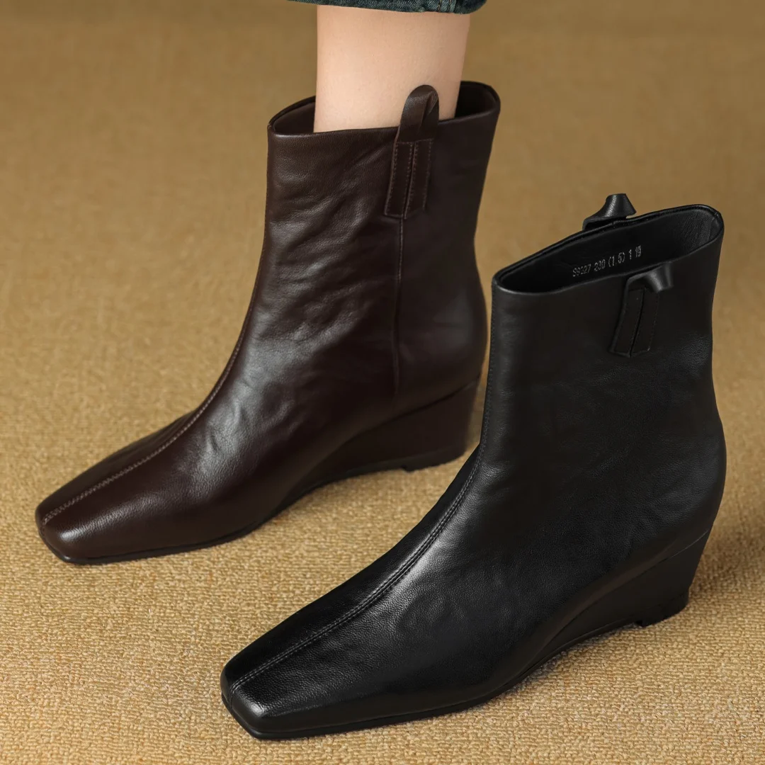 

Женские осенние ботильоны без шнуровки из овчины с квадратным носком, элегантные женские облегающие ботильоны на танкетке 5 см, женские туфли на среднем каблуке